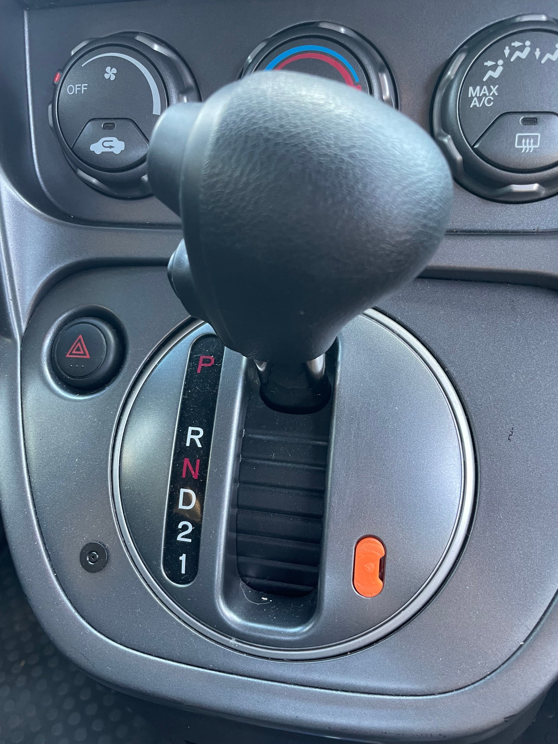 Car automatic gear shift in park (P) position. Close-up of the shift stick and console.
